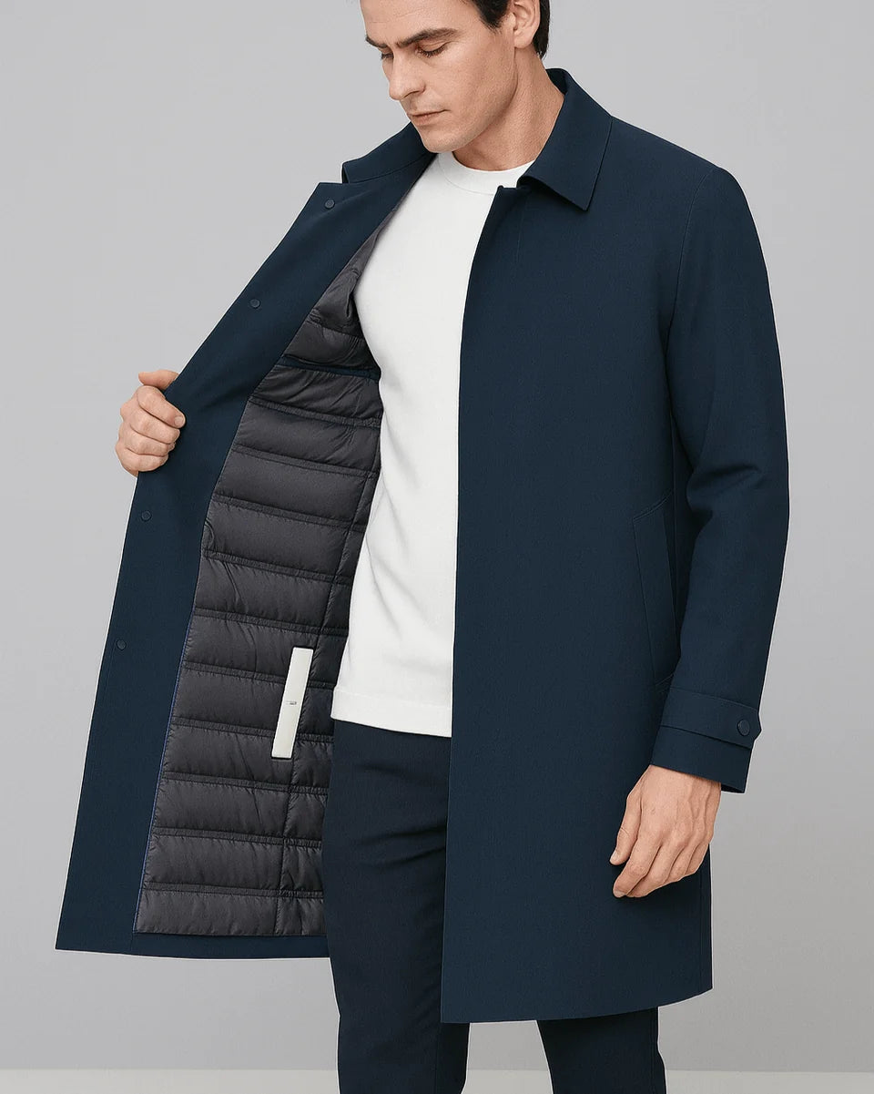 Rhode Down Trench Coat with Single Breasted Snap Front and Quilted Lining